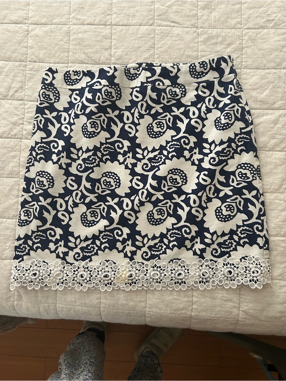 Talbots Navy and White Floral Lace-Trim Skirt